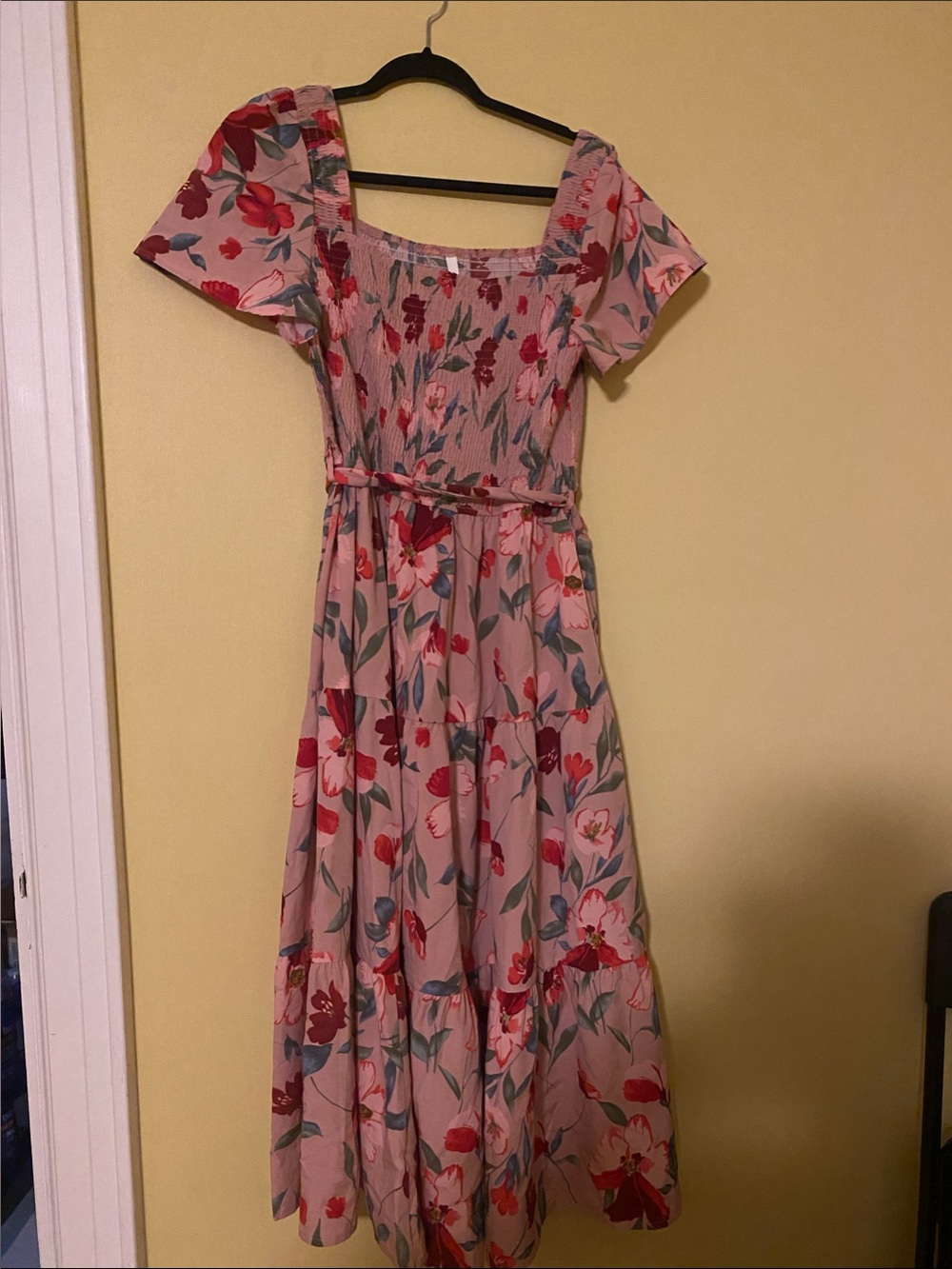 Simplee Apparel Pink Floral Maxi Dress with Smocked Bodice